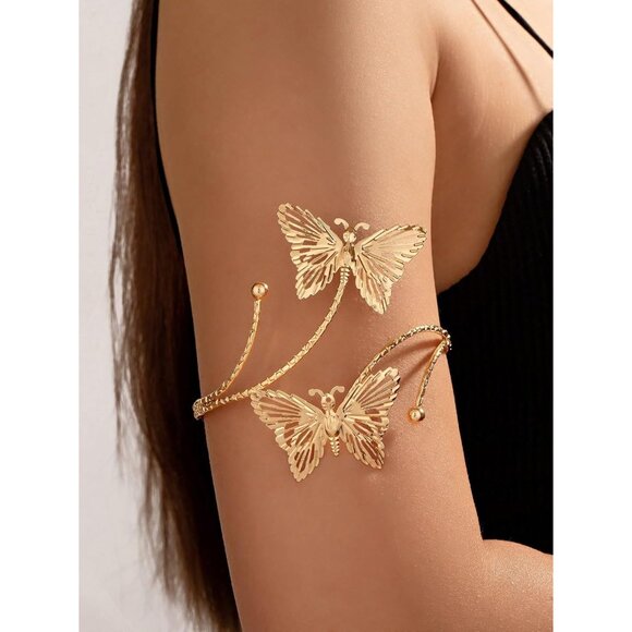 Elegant Gold Butterfly Cuff Bracelet - Adjustable Floral Arm Jewelry for Women - Picture 4 of 9